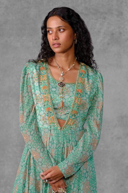 Buy_Riraan Couture_Green Cotton Satin, Rayon, Georgette, Floral Print Jacket And Flared Pant Set_Online_at_Aza_Fashions