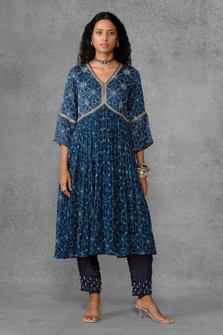 Riraan Couture_Blue Net, Georgette, Cotton Satin, Rayon Tassels, Printed Anarkali Set_Online_at_Aza_Fashions