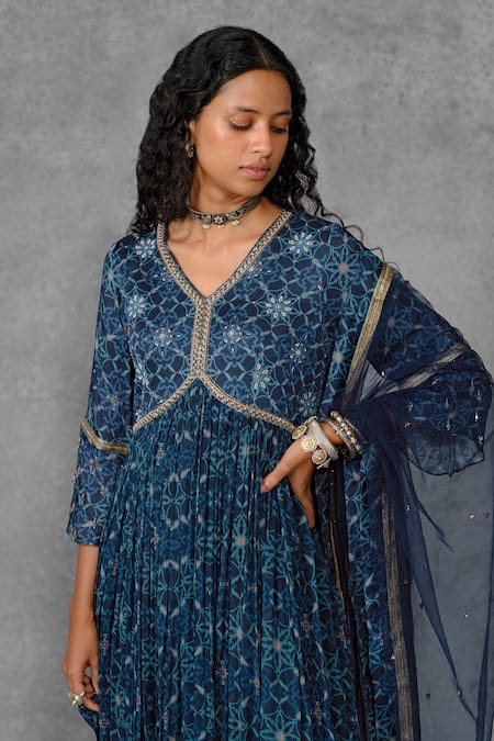 Buy_Riraan Couture_Blue Net, Georgette, Cotton Satin, Rayon Tassels, Printed Anarkali Set_Online_at_Aza_Fashions