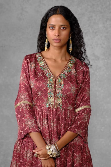 Riraan Couture_Maroon Cotton Satin, Rayon, Net Embroidery, Beads, Cut Printed Tiered Kurta Set_Online_at_Aza_Fashions
