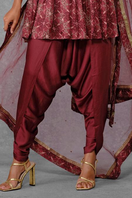 Buy_Riraan Couture_Maroon Cotton Satin, Rayon, Net Embroidery, Beads, Cut Printed Tiered Kurta Set_Online_at_Aza_Fashions