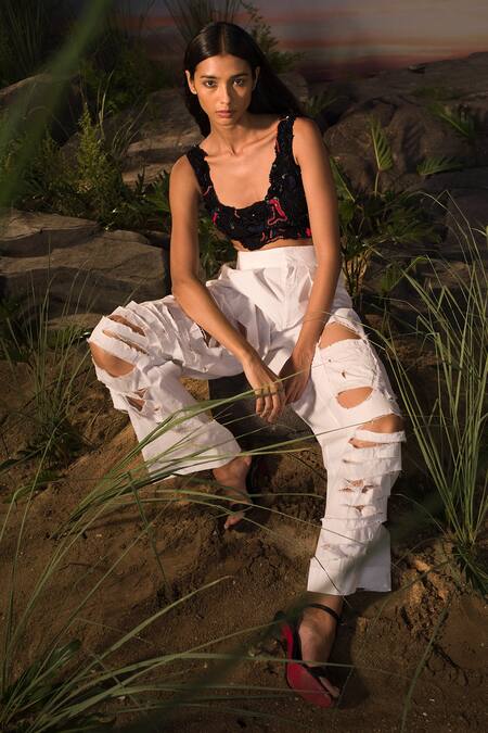 AK-OK_Black Cotton, Lycra Beads Scoop Neck Abstract Embroidered Crop Top _at_Aza_Fashions