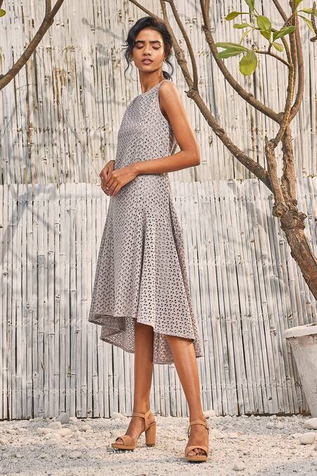 Charkhee_Grey Cotton Embroidery Round Neck Schiffli High Low Hem Dress_Online_at_Aza_Fashions