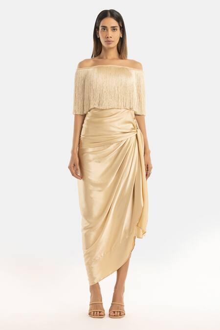 431-88 By Shweta Kapur_Beige Crepe Off-shoulder Off Fringe Top_Online_at_Aza_Fashions
