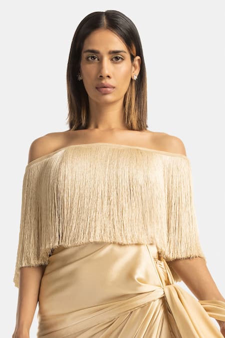 Buy_431-88 By Shweta Kapur_Beige Crepe Off-shoulder Off Fringe Top_Online_at_Aza_Fashions