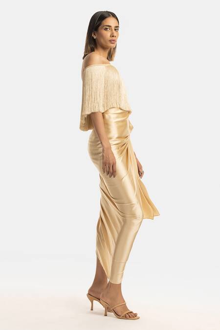 Shop_431-88 By Shweta Kapur_Beige Crepe Off-shoulder Off Fringe Top_Online_at_Aza_Fashions