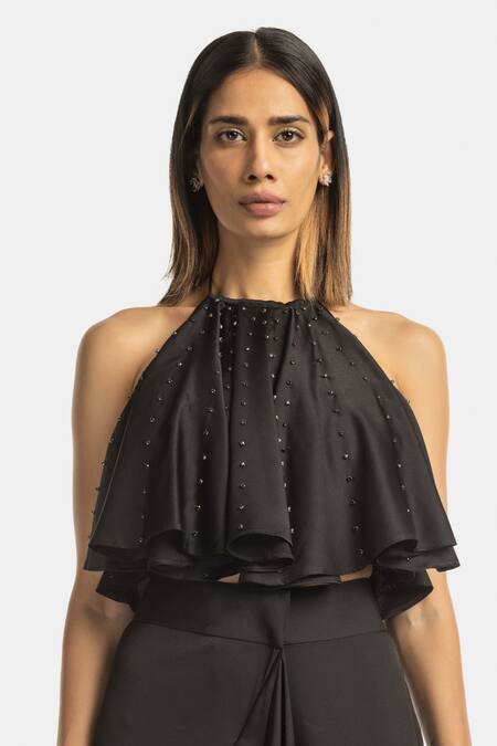 431-88 By Shweta Kapur_Black Satin Rhinestones Halter Neck Star Ruffle Embellished Top_Online_at_Aza_Fashions