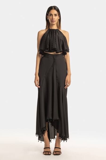 Shop 431-88 By Shweta Kapur Black Satin Crystals Raindrop Skirt Online at Aza Fashions Shop_431-88 By Shweta Kapur_Black Satin Crystals Raindrop Skirt_Online_at_Aza_Fashions