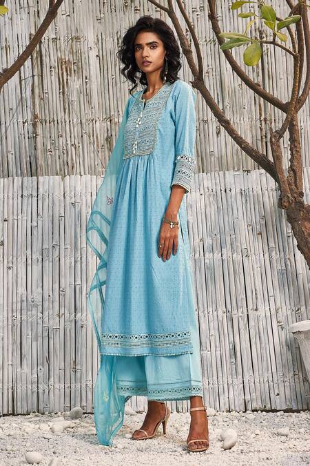 Charkhee_Blue Kurta Dobby Cotton Embroidery Bead Work Notched Lace Pattern Palazzo Set_Online_at_Aza_Fashions