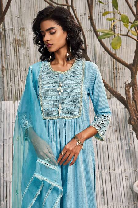 Buy_Charkhee_Blue Kurta Dobby Cotton Embroidery Bead Work Notched Lace Pattern Palazzo Set_Online_at_Aza_Fashions