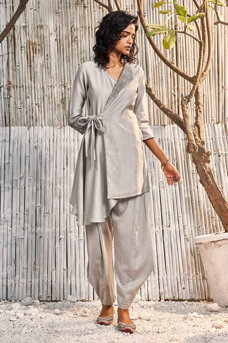 Charkhee_Grey Kurta Chanderi Embellished Crochet Lace Work Side Wrap Jacket And Salwar Set_Online_at_Aza_Fashions