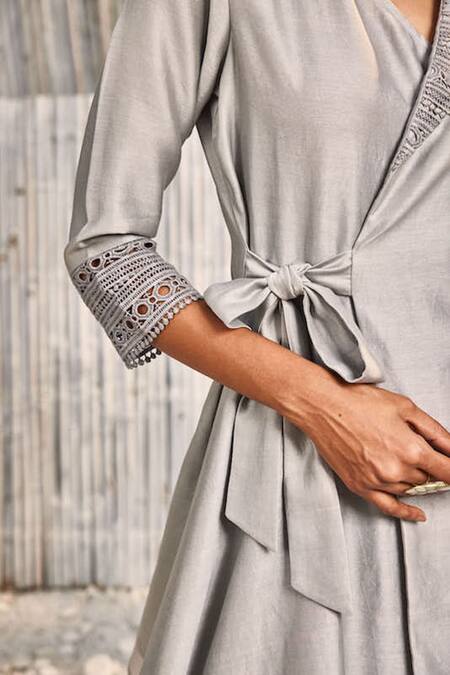 Shop_Charkhee_Grey Kurta Chanderi Embellished Crochet Lace Work Side Wrap Jacket And Salwar Set_Online_at_Aza_Fashions