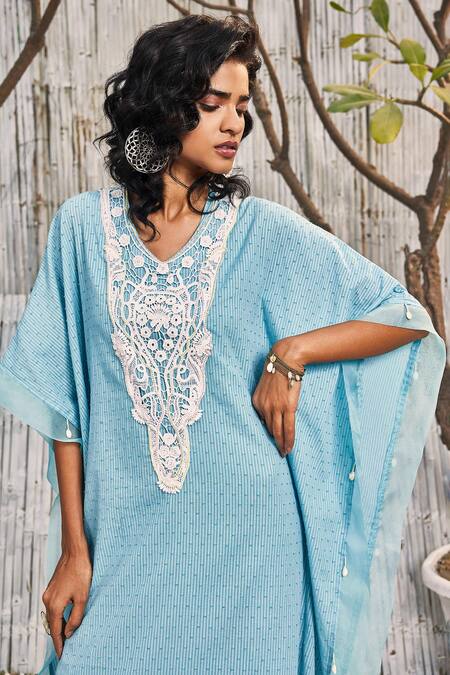 Buy Charkhee Blue Denim, Cotton Beads V-neck Stripe Pattern Kaftan Online at Aza Fashions Buy_Charkhee_Blue Denim, Cotton Beads V-neck Stripe Pattern Kaftan_Online_at_Aza_Fashions