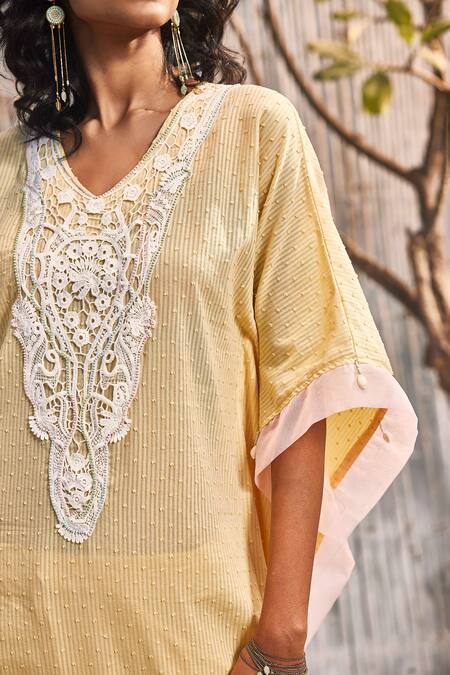 Charkhee Yellow Cotton Beads, Cut Work V-neck Stripe Pattern Embellished Kaftan Online at Aza Fashions Charkhee_Yellow Cotton Beads, Cut Work V-neck Stripe Pattern Embellished Kaftan_Online_at_Aza_Fashions
