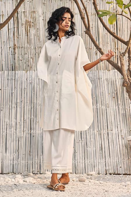 Charkhee_Off White Kaftan Dobby Cotton Embellished Crochet Button Down And Palazzo Set_Online_at_Aza_Fashions