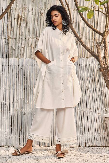 Buy_Charkhee_Off White Kaftan Dobby Cotton Embellished Crochet Button Down And Palazzo Set_Online_at_Aza_Fashions