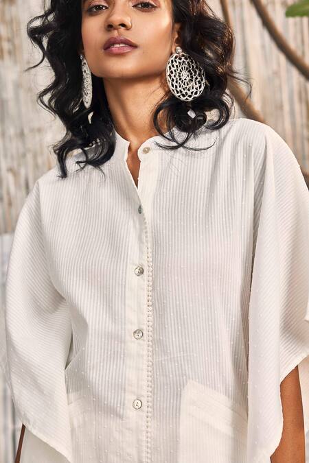 Shop_Charkhee_Off White Kaftan Dobby Cotton Embellished Crochet Button Down And Palazzo Set_Online_at_Aza_Fashions