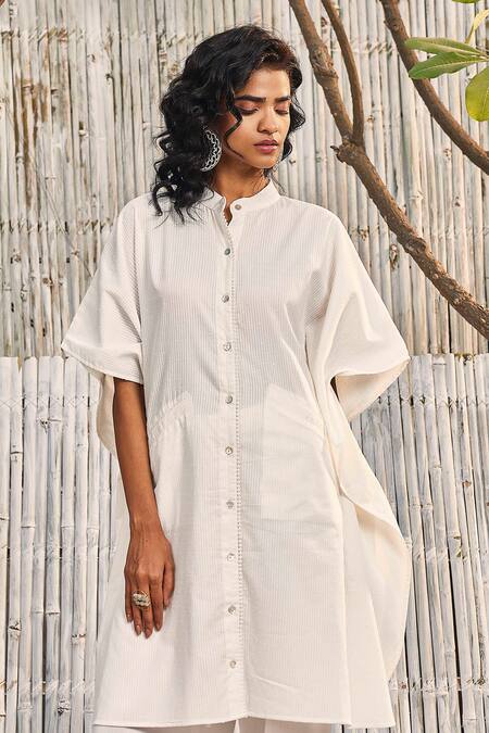 Charkhee_Off White Kaftan Dobby Cotton Embellished Crochet Button Down And Palazzo Set_at_Aza_Fashions