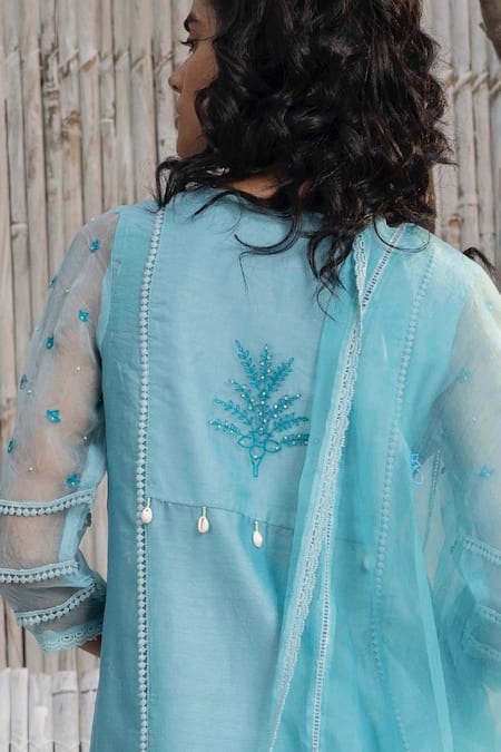 Buy_Charkhee_Blue Kurta Chanderi Hand Embroidered And Embellished Thread Gathered Palazzo Set _Online_at_Aza_Fashions