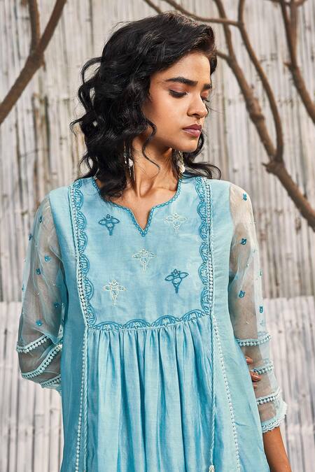 Shop_Charkhee_Blue Kurta Chanderi Hand Embroidered And Embellished Thread Gathered Palazzo Set _Online_at_Aza_Fashions