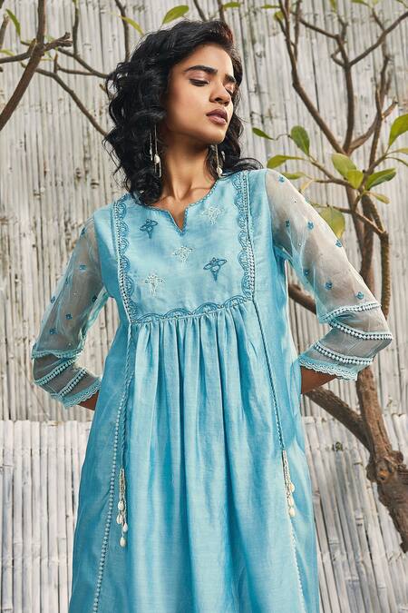 Charkhee_Blue Kurta Chanderi Hand Embroidered And Embellished Thread Gathered Palazzo Set _at_Aza_Fashions