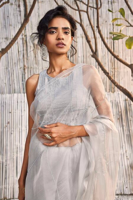 Shop_Charkhee_Gray Saree Organza Hand Embroidered Bead Work Round Neck Set_Online_at_Aza_Fashions