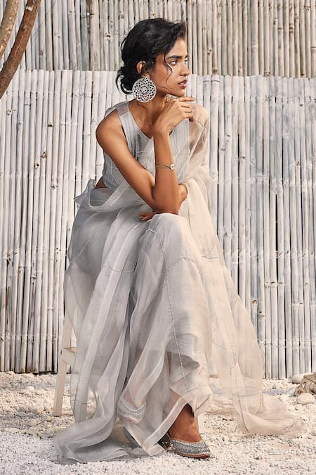 Charkhee_Gray Saree Organza Hand Embroidered Bead Work Round Neck Set_at_Aza_Fashions