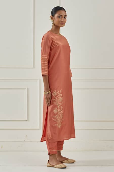 Shop_Kamaltaas_Orange Chanderi Silk, Lining Mulmul Gota, Pittan Embroidered Kurta And Pant Set_Online_at_Aza_Fashions