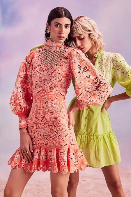 Buy_House Of Eda_Orange Shell 100% Linen And Lining Janet Balloon Sleeve Short Dress _Online_at_Aza_Fashions