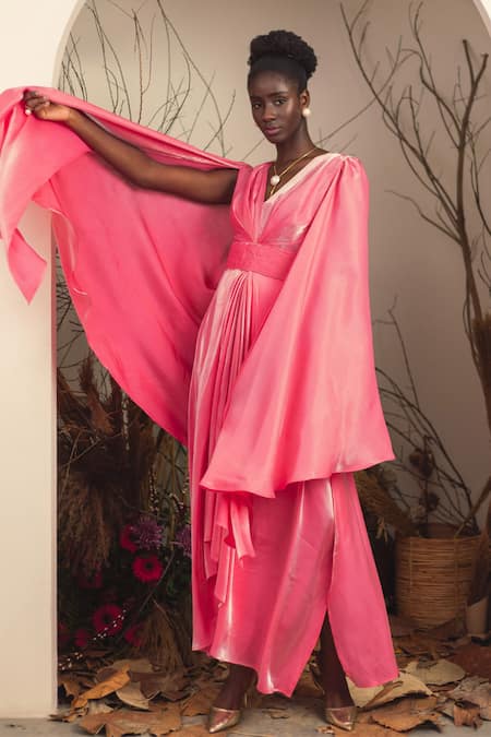 House Of Fett Pink Satin And Lurex V Neck Attached Drape Gown With Quilted Belt at Aza Fashions House Of Fett_Pink Satin And Lurex V Neck Attached Drape Gown With Quilted Belt _at_Aza_Fashions