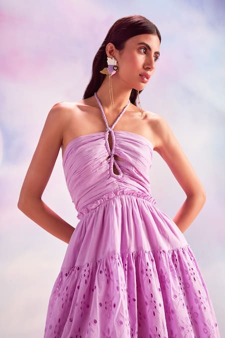 Buy House Of Eda Purple Cotton Embroidery Halter Neck Kenith Ruche Bodice Dress Online at Aza Fashions Buy_House Of Eda_Purple Cotton Embroidery Halter Neck Kenith Ruche Bodice Dress_Online_at_Aza_Fashions