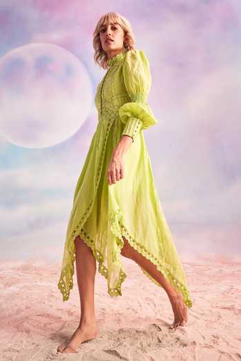 Buy_House Of Eda_Yellow Shell 80% Cotton 20% Silk Embroidery Scallop Sabrina Dress _Online_at_Aza_Fashions