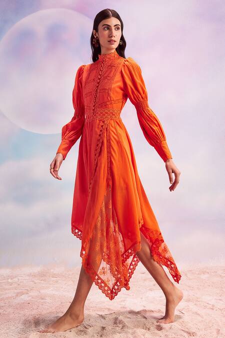 Buy House Of Eda Orange Cotton, Silk, Polyester Lace High Neck Sabrina Embroidered Dress Online at Aza Fashions Buy_House Of Eda_Orange Cotton, Silk, Polyester Lace High Neck Sabrina Embroidered Dress_Online_at_Aza_Fashions