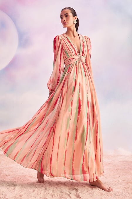 Shop_House Of Eda_Pink Viscose, Polyester V-neck Nacia Stripe Pattern Dress_Online_at_Aza_Fashions
