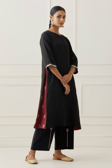 Shop_Kamaltaas_Black Linen Hand Embroidered Pittan Round Kurta  _Online_at_Aza_Fashions