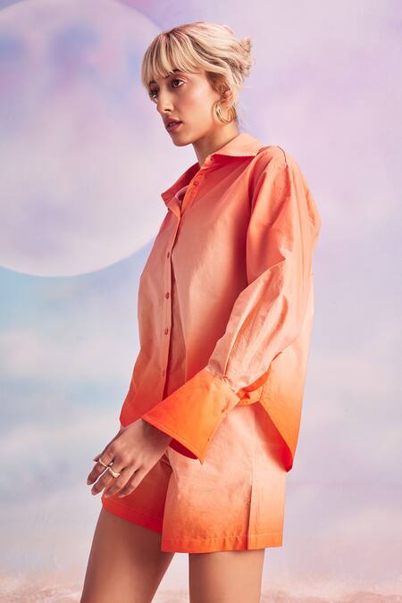 Buy_House Of Eda_Peach 100% Cotton Spread Collar Enra Shaded Shirt And Shorts Set _Online_at_Aza_Fashions