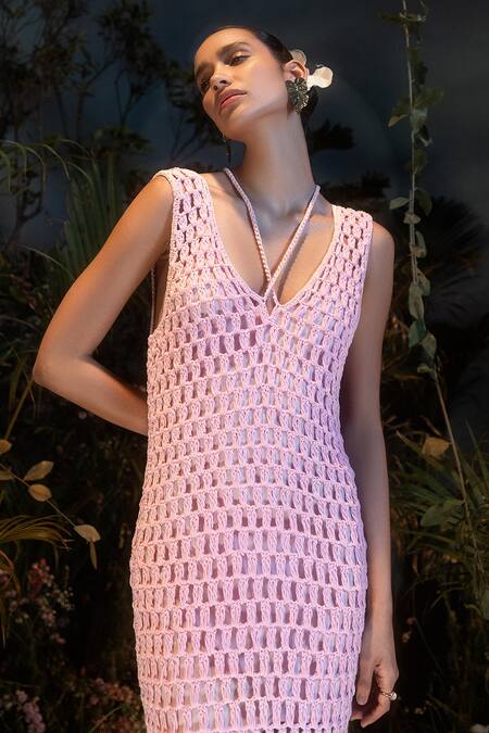 Buy_House Of Eda_Pink 100% Cotton Crochet V Neck Ezra Dress _Online_at_Aza_Fashions