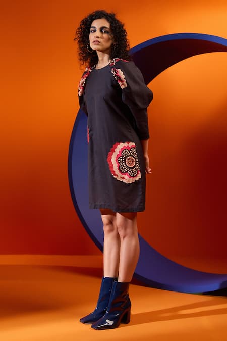 Buy_The Dramebaaz CO_Blue Embroidery Round Neck Glory Sleeve Printed Short Dress _Online_at_Aza_Fashions