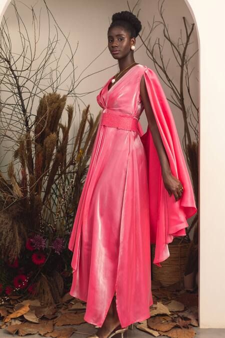 Shop House Of Fett Pink Satin And Lurex V Neck Attached Drape Gown With Quilted Belt Online at Aza Fashions Shop_House Of Fett_Pink Satin And Lurex V Neck Attached Drape Gown With Quilted Belt _Online_at_Aza_Fashions