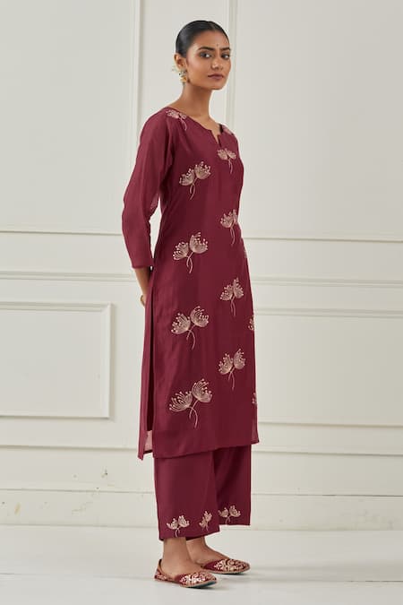 Kamaltaas Maroon Chanderi Silk, Lining Mulmul Gota, Floral Motifs Embroidered Kurta Set at Aza Fashions Kamaltaas_Maroon Chanderi Silk, Lining Mulmul Gota, Floral Motifs Embroidered Kurta Set _at_Aza_Fashions
