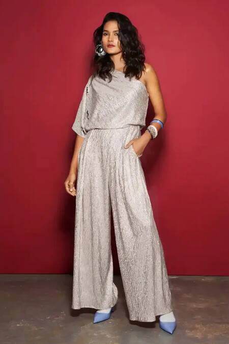 Style Junkiie_Silver Metallic Crushed Embellished Sequin Asymmetric Neck One Shoulder Top_Online_at_Aza_Fashions