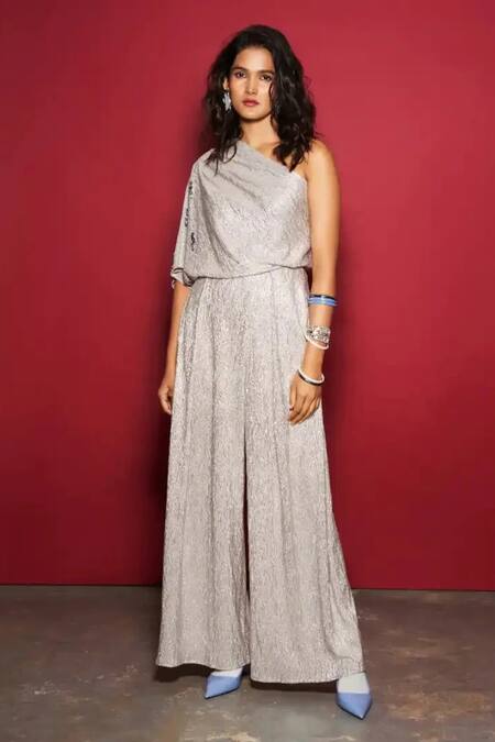 Buy_Style Junkiie_Silver Metallic Crushed Embellished Sequin Asymmetric Neck One Shoulder Top_Online_at_Aza_Fashions