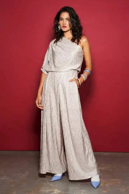 Shop_Style Junkiie_Silver Metallic Crushed Embellished Sequin Asymmetric Neck One Shoulder Top_Online_at_Aza_Fashions
