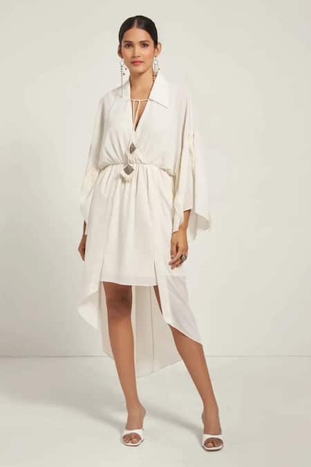 Style Junkiie Ivory Modal Fringe Shawl Neck Wrap Collar Midi Dress Online at Aza Fashions Style Junkiie_Ivory Modal Fringe Shawl Neck Wrap Collar Midi Dress _Online_at_Aza_Fashions