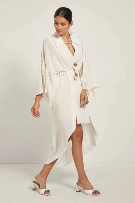 Shop Style Junkiie Ivory Modal Fringe Shawl Neck Wrap Collar Midi Dress Online at Aza Fashions Shop_Style Junkiie_Ivory Modal Fringe Shawl Neck Wrap Collar Midi Dress _Online_at_Aza_Fashions