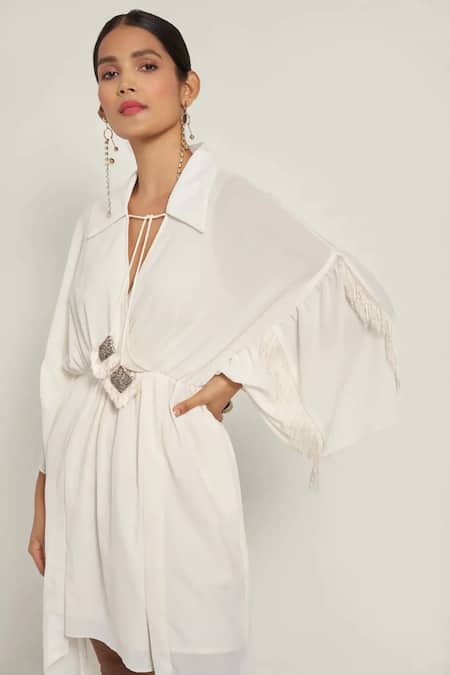 Style Junkiie Ivory Modal Fringe Shawl Neck Wrap Collar Midi Dress at Aza Fashions Style Junkiie_Ivory Modal Fringe Shawl Neck Wrap Collar Midi Dress _at_Aza_Fashions