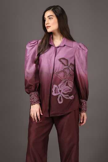 Sakshi Khetterpal Wine Chanderi Silk Embroidery Shawl Neck Shirt And Bell Bottom Pant Set Online at Aza Fashions Sakshi Khetterpal_Wine Chanderi Silk Embroidery Shawl Neck Shirt And Bell Bottom Pant Set _Online_at_Aza_Fashions