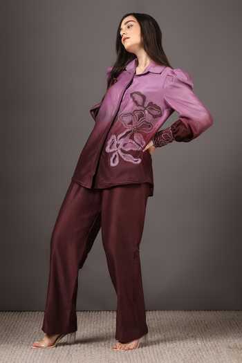 Buy Sakshi Khetterpal Wine Chanderi Silk Embroidery Shawl Neck Shirt And Bell Bottom Pant Set Online at Aza Fashions Buy_Sakshi Khetterpal_Wine Chanderi Silk Embroidery Shawl Neck Shirt And Bell Bottom Pant Set _Online_at_Aza_Fashions