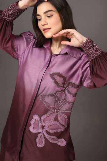 Sakshi Khetterpal Wine Chanderi Silk Embroidery Shawl Neck Shirt And Bell Bottom Pant Set at Aza Fashions Sakshi Khetterpal_Wine Chanderi Silk Embroidery Shawl Neck Shirt And Bell Bottom Pant Set _at_Aza_Fashions