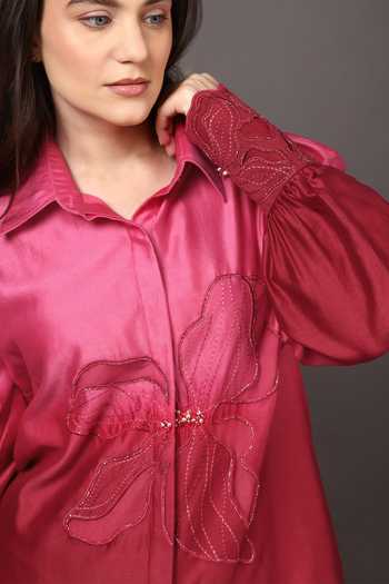 Sakshi Khetterpal Pink Chanderi Silk Embroidery, Ombre Floral Shirt And Bell Bottom Pant Set at Aza Fashions Sakshi Khetterpal_Pink Chanderi Silk Embroidery, Ombre Floral Shirt And Bell Bottom Pant Set _at_Aza_Fashions